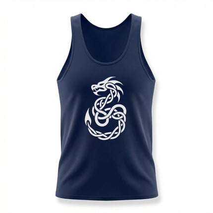Celtic knotwork dragon graphic on a navy blue mythological tank top.