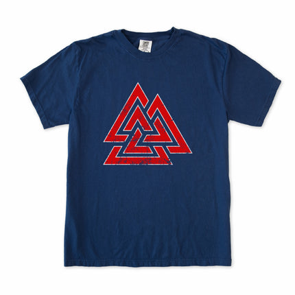 Norse Odin Valknut symbol t-shirt featuring Viking mythology art design.
