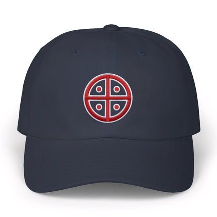 Navy baseball cap featuring red embroidered solar cross symbol.