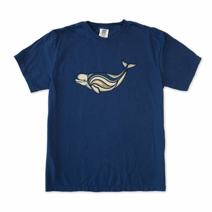 Inuit inspired Beluga Whale graphic tee shirt featuring indigenous marine art design.