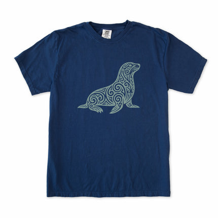 Ornate tribal seal and marine swirl graphic tee shirt design on a comfortable t-shirt.