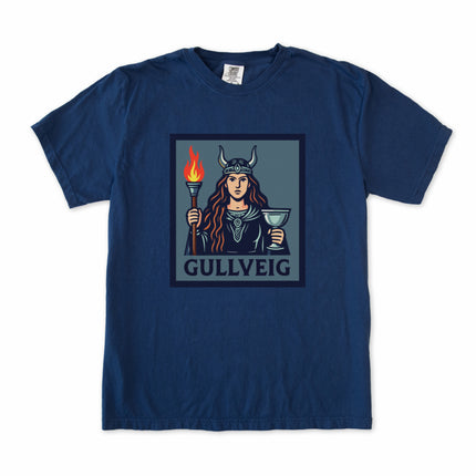 Norse mythology t-shirt featuring goddess Gullveig, a torch, and chalice design.