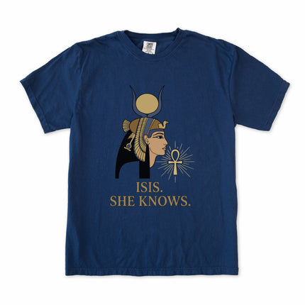 Ancient Egyptian Goddess Isis graphic tee shirt design on a unisex t-shirt.