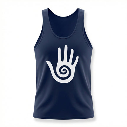 Dark blue tank top with white Hopi healing hand and spiral symbol graphic.