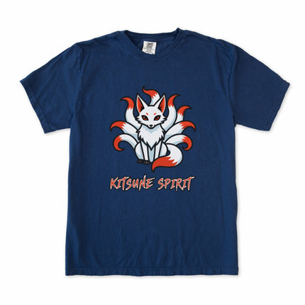 Kitsune nine-tailed fox japanese mythology graphic t-shirt featuring mystical spirit art.