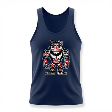 Formline art Sasquatch figure graphic on a dark blue tank top.