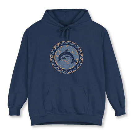 Navy blue hoodie featuring a circular mosaic dolphin design with coastal ocean art.
