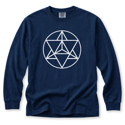 White long sleeve tee featuring a sacred geometry Merkaba star pattern graphic design.