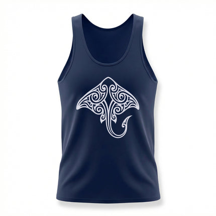 Polynesian tribal stingray graphic on a dark blue unisex tank top.