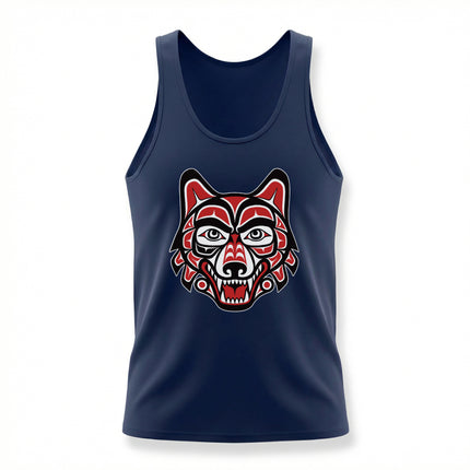 Pacific Northwest formline wolf head art on a dark blue tank top.