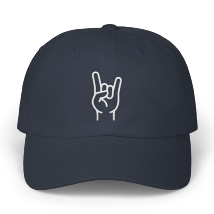 Black baseball cap featuring white embroidered rock horns hand sign.