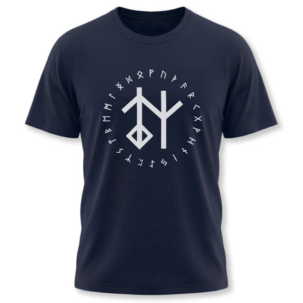 Dark t-shirt featuring a bind rune surrounded by the Elder Futhark Viking runes graphic.