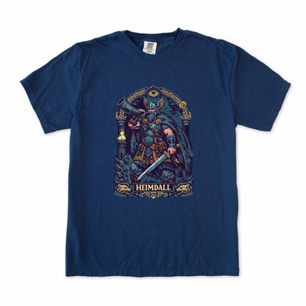Norse Viking T-Shirt featuring Heimdall god and Gjallarhorn myth graphic print.