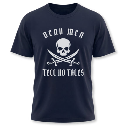 Dead Men Tell No Tales skull and crossed swords graphic t-shirt.