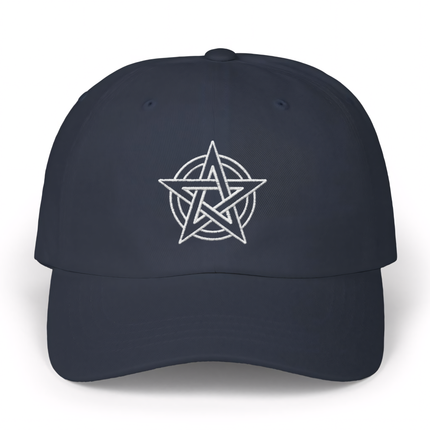 Embroidered pentagram symbol on a dark baseball cap.