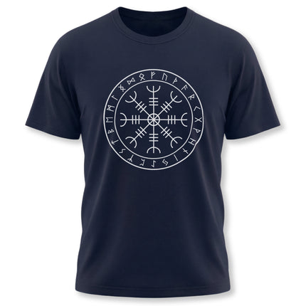 Viking runes circle graphic tee featuring the Norse Aegishjalmur symbol.