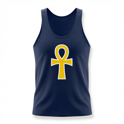 Yellow Ankh symbol on a navy tank top, representing ancient Egyptian key of life and culture.