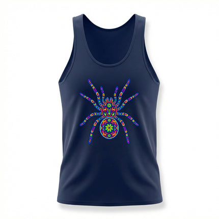 Huichol art tarantula mandala print on a dark blue unisex tank top.