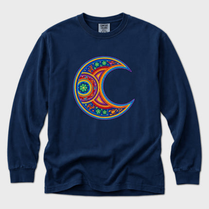 Huichol-Inspired Moon Long Sleeve T-Shirt | Colorful Crescent Art