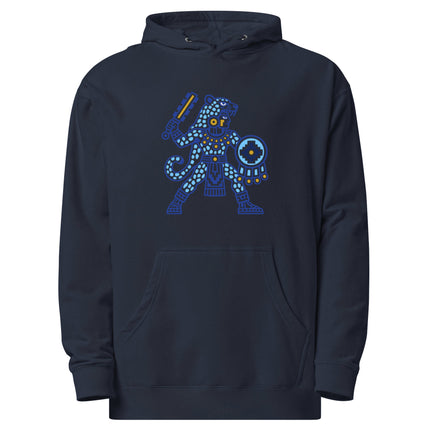 Aztec Jaguar Warrior Hoodie | Blue Spotted Figure and Shield