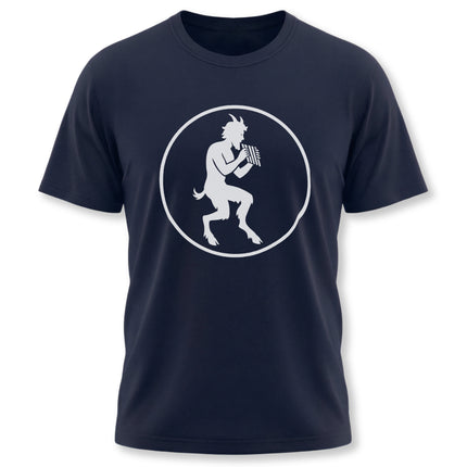 Pan satyr silhouette playing a flute on a dark blue graphic t-shirt.