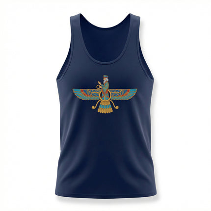 Faravahar symbol graphic tee on a navy tank top, representing Zoroastrian Persian culture and heritage.