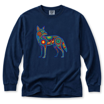 Huichol Coyote Long Sleeve T-Shirt | Multicolor Animal Art Tee