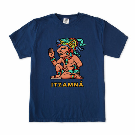 Colorful Itzamná Mayan God t-shirt featuring vibrant ancient mythology graphics print.