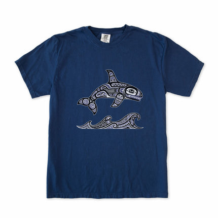 Haida formline art killer whale and wave design t-shirt featuring indigenous orca artwork.