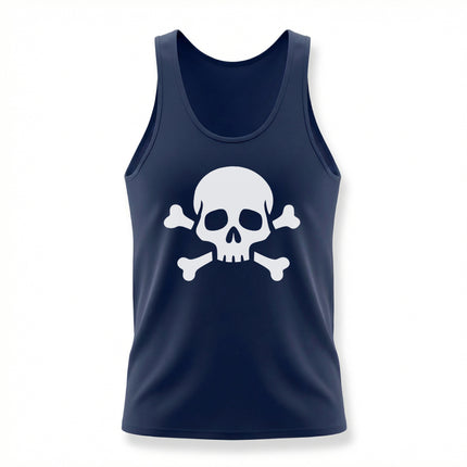 White skull and crossbones graphic on a navy blue pirate tank top.
