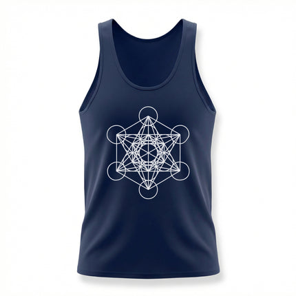 Metatron's Cube sacred geometry print on a navy blue spiritual tank top.