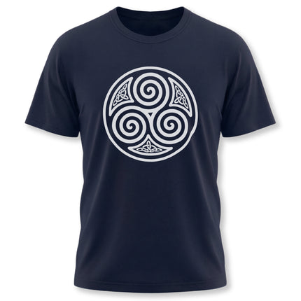 Navy t-shirt featuring a white Celtic triskelion knotwork design.