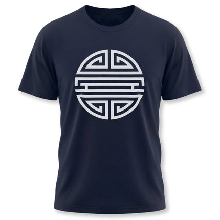 Navy t-shirt with white Shou symbol graphic, representing Chinese longevity and good fortune.