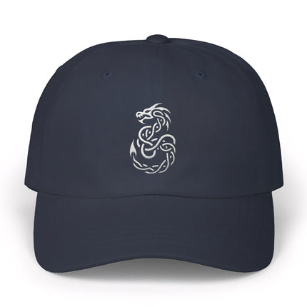 Celtic knotwork dragon embroidery on a dark baseball cap.