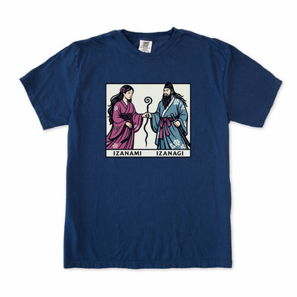 Japanese mythology t-shirt featuring Izanami and Izanagi Shinto gods graphic print.