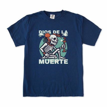 Yum Kimil Mayan Death God graphic t-shirt featuring intricate skeleton mythology artwork.