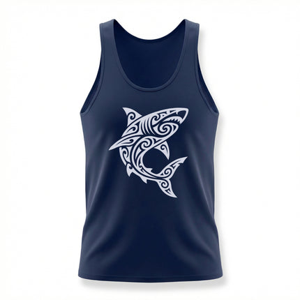 Polynesian tribal shark graphic on a navy tank top, featuring Maori style art.