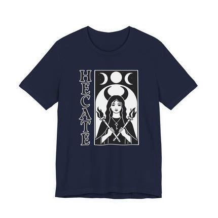 Hecate goddess graphic featuring triple moon, torches, and occult symbols for pagan style.