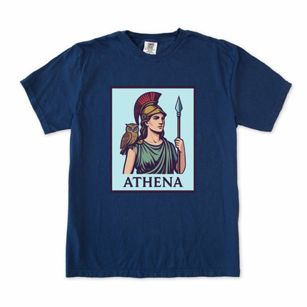 Greek goddess Athena t-shirt design with mythological owl and spear graphic print.