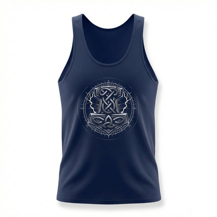Norse knotwork tank top featuring Thor and Mjolnir Viking mythology design.