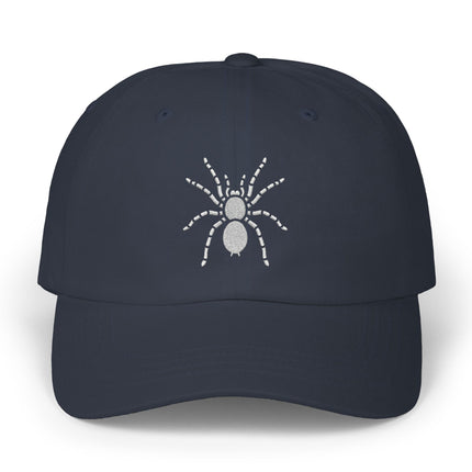 Black baseball cap with embroidered tarantula spider arachnid design.