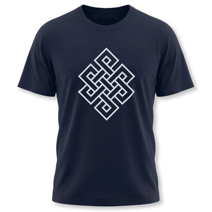 Black t-shirt featuring the white Endless Knot Buddhist symbol, representing interconnectedness and dharma.