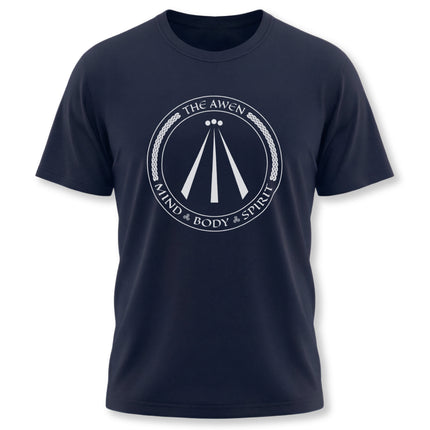 Awen symbol graphic t-shirt featuring Mind Body Spirit text and Celtic design.