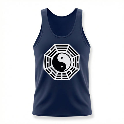 Taoist Yin Yang and Bagua symbol graphic on a navy tank top, representing balance and harmony.