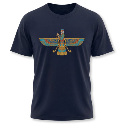 Faravahar winged symbol graphic on a dark t-shirt, representing Zoroastrian Persian culture.