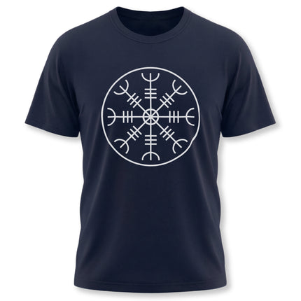 Aegishjalmur Norse symbol graphic tee. White protective symbol on a navy shirt for viking mythology fans.