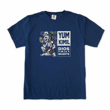 Yum Kimil Mayan Death God skeleton t-shirt design featuring Mesoamerican mythology art.