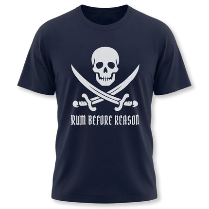 Pirate skull and crossed swords graphic tee with "Rum Before Reason" text.