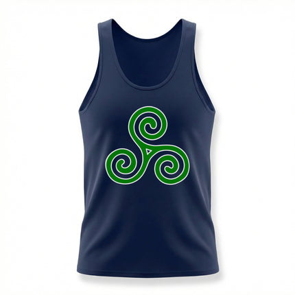 Green Celtic Triskelion spiral symbol on a navy blue unisex tank top.