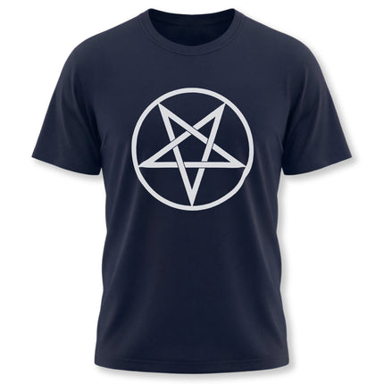 Dark blue t-shirt featuring a white circular inverted pentagram occult symbol graphic.